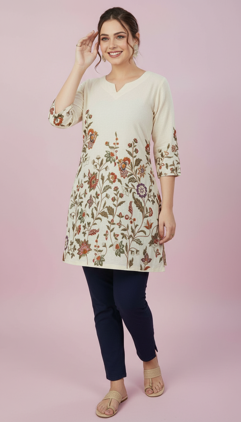 Cream A-Line Kurti with Multicolored Botanical Embroidery view 5