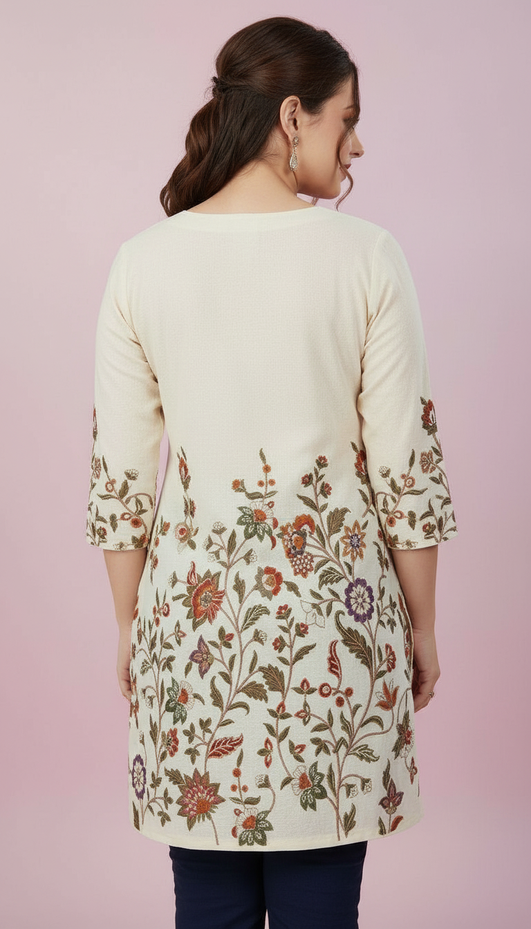 Cream A-Line Kurti with Multicolored Botanical Embroidery view 3