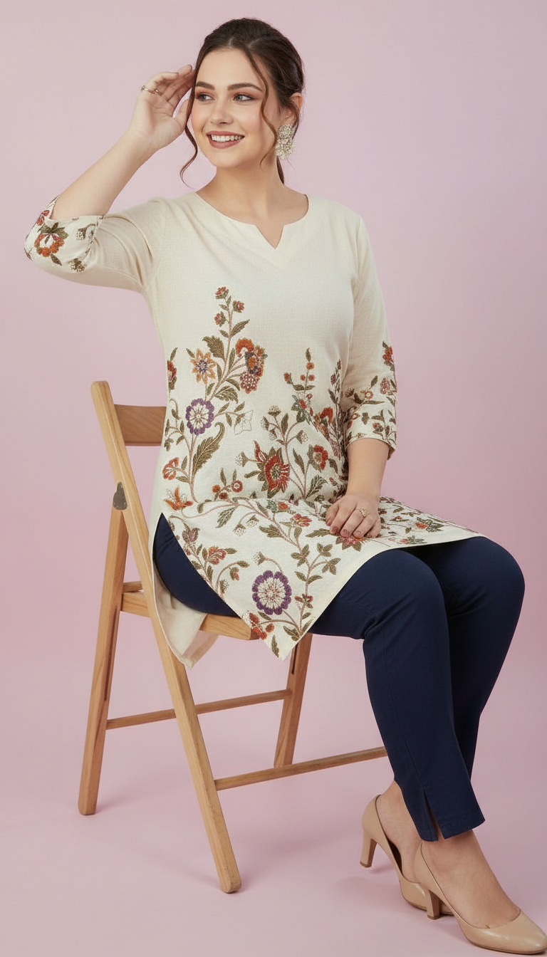 Cream A-Line Kurti with Multicolored Botanical Embroidery view 7