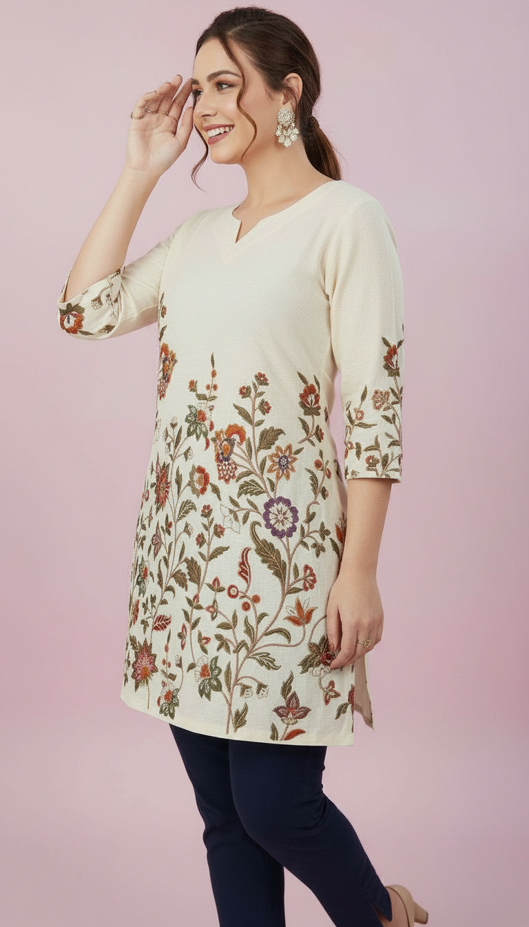 Cream A-Line Kurti with Multicolored Botanical Embroidery view 2