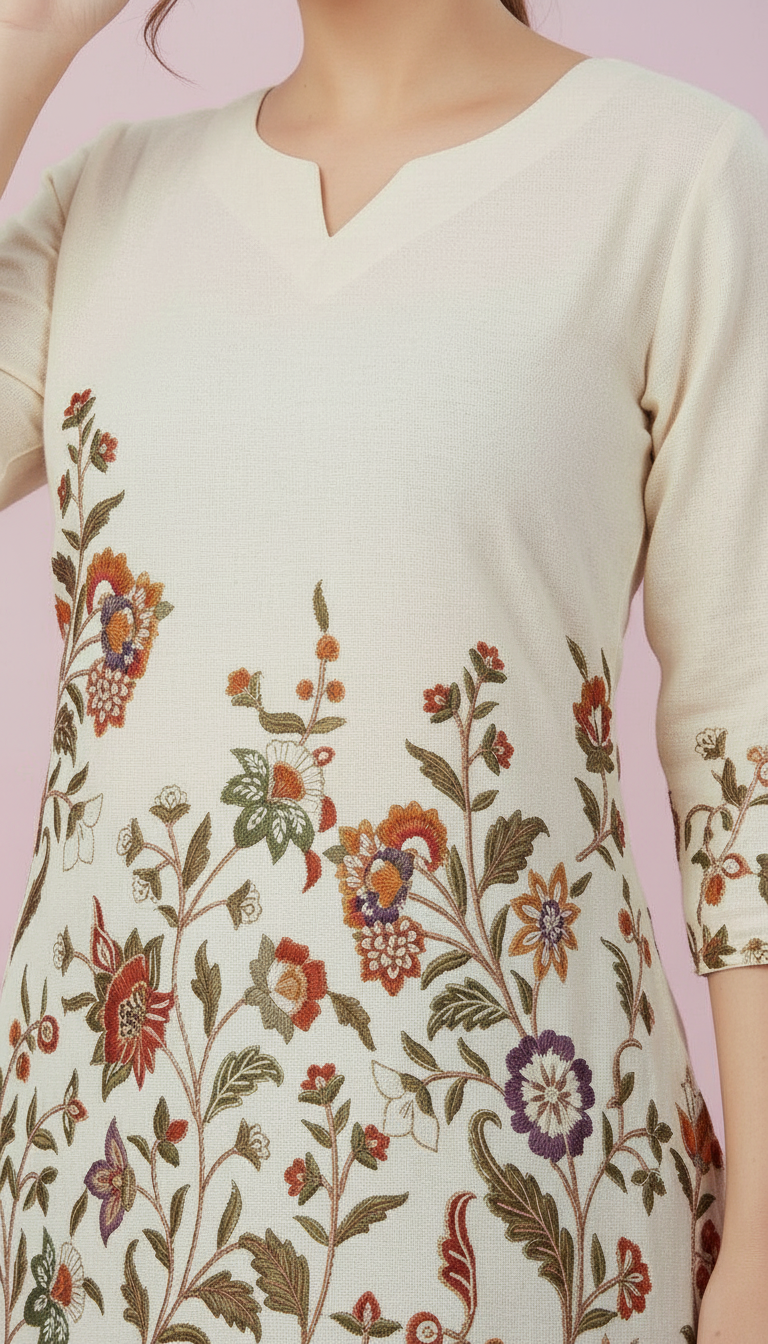 Cream A-Line Kurti with Multicolored Botanical Embroidery view 6