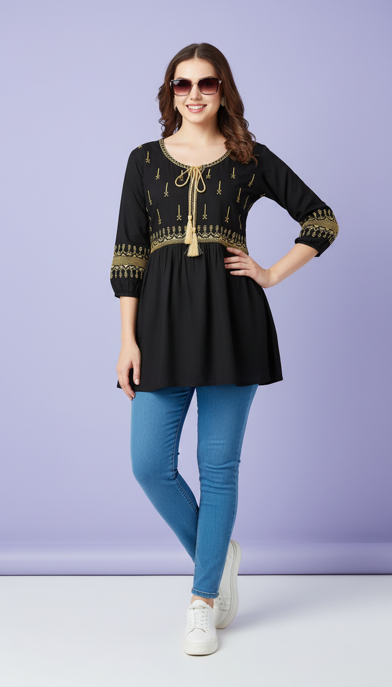 Black Peplum Kurti with Statement Tassels view 8