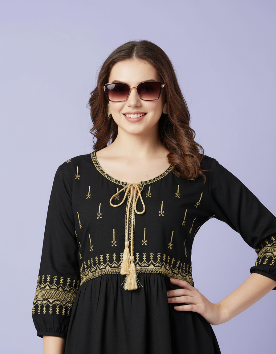 Black Peplum Kurti with Statement Tassels view 7