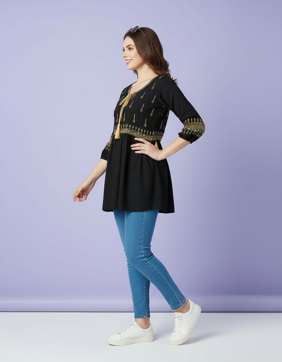 Black Peplum Kurti with Statement Tassels view 4