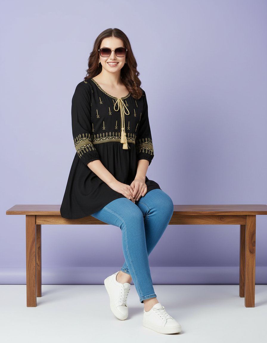 Black Peplum Kurti with Statement Tassels view 3