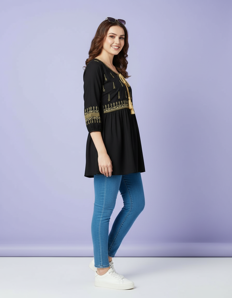 Black Peplum Kurti with Statement Tassels view 5