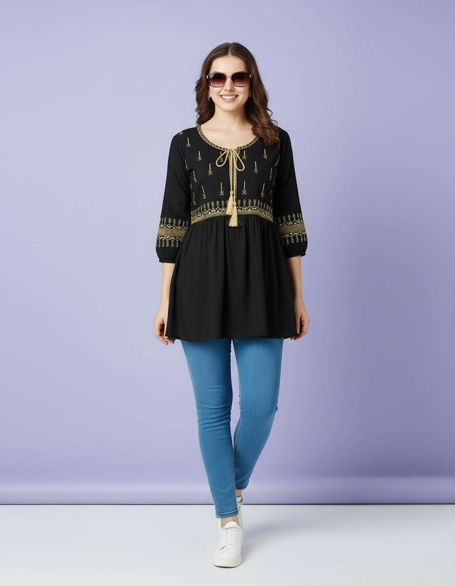 Black Peplum Kurti with Statement Tassels view 2