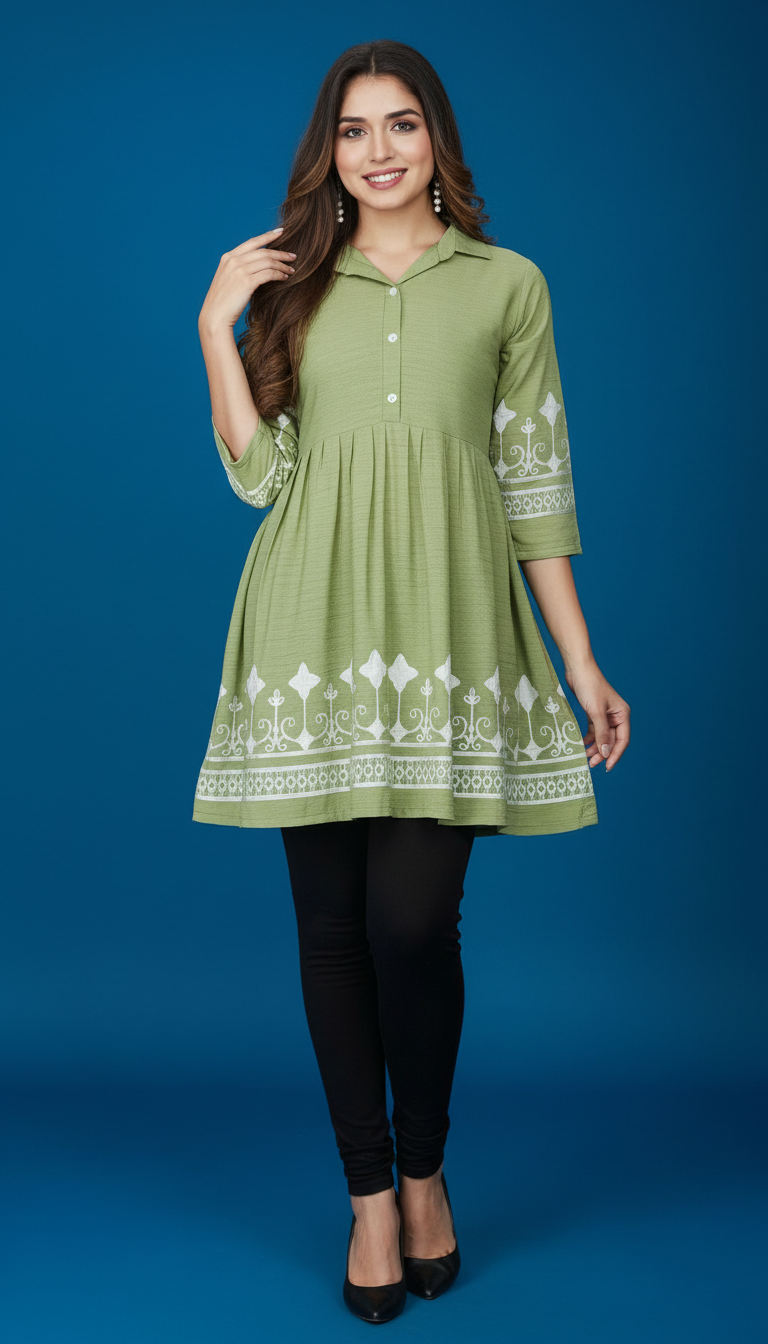 Collared Peplum Kurti with Contrast Border Embroidery view 8