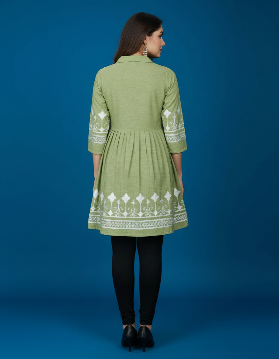 Collared Peplum Kurti with Contrast Border Embroidery view 4