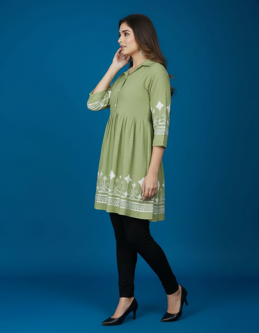 Collared Peplum Kurti with Contrast Border Embroidery view 2