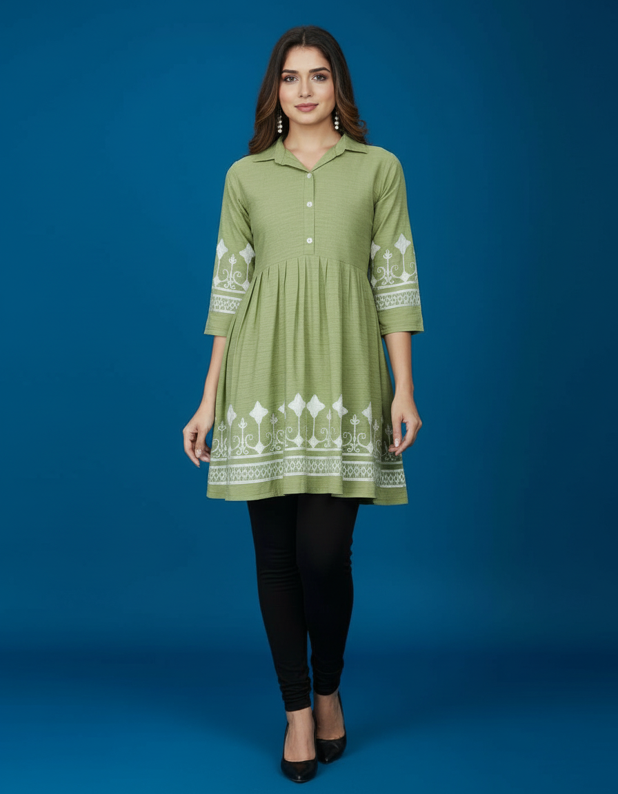 Collared Peplum Kurti with Contrast Border Embroidery