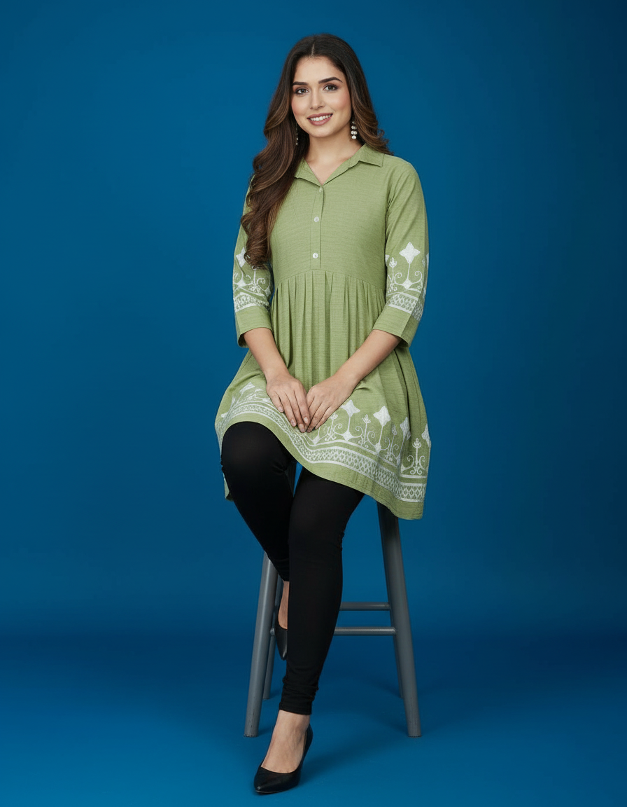 Collared Peplum Kurti with Contrast Border Embroidery view 7