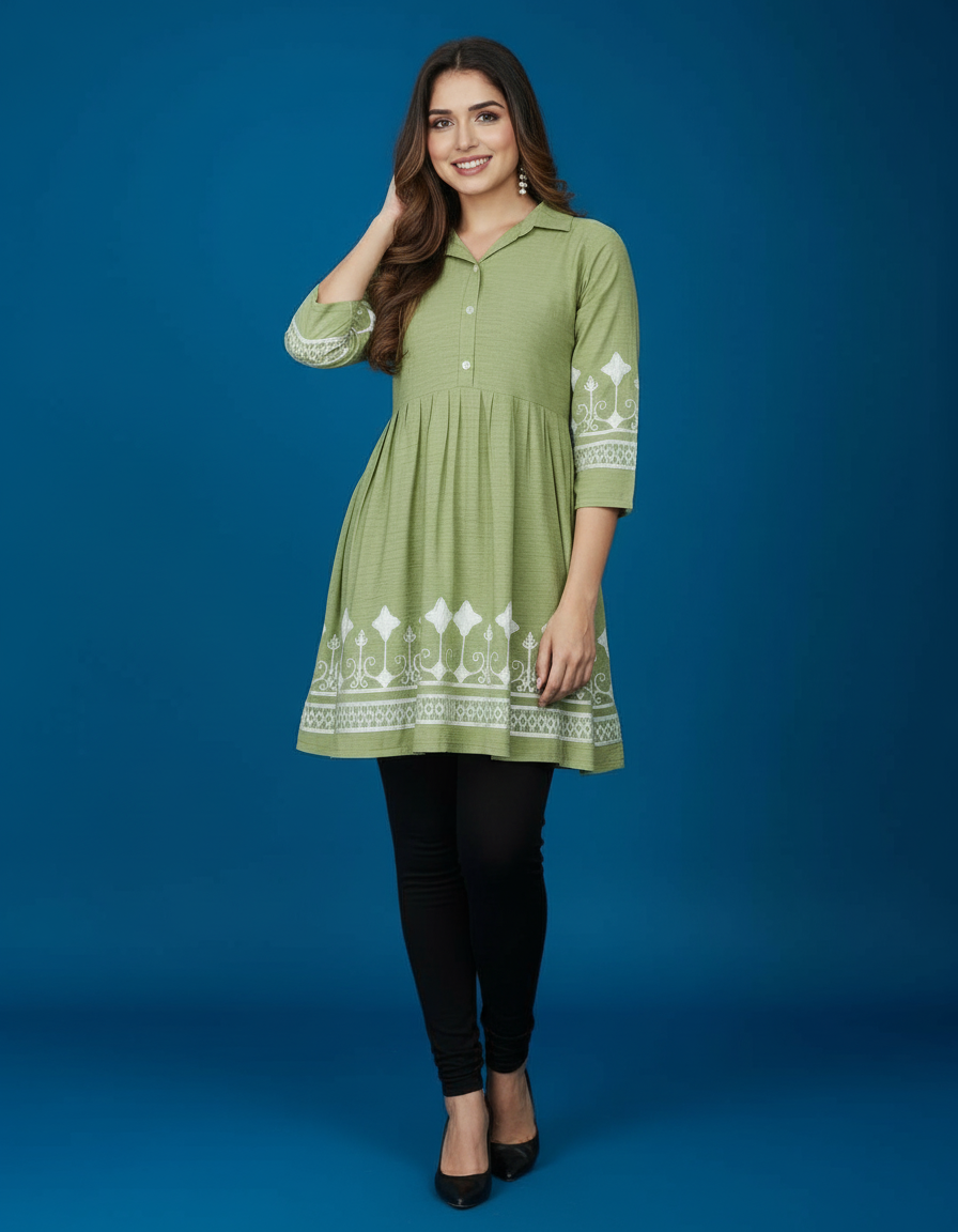 Collared Peplum Kurti with Contrast Border Embroidery view 6