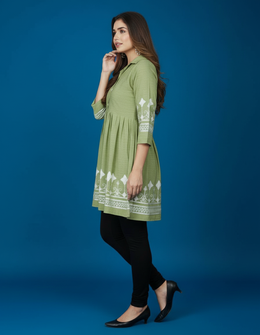 Collared Peplum Kurti with Contrast Border Embroidery view 3