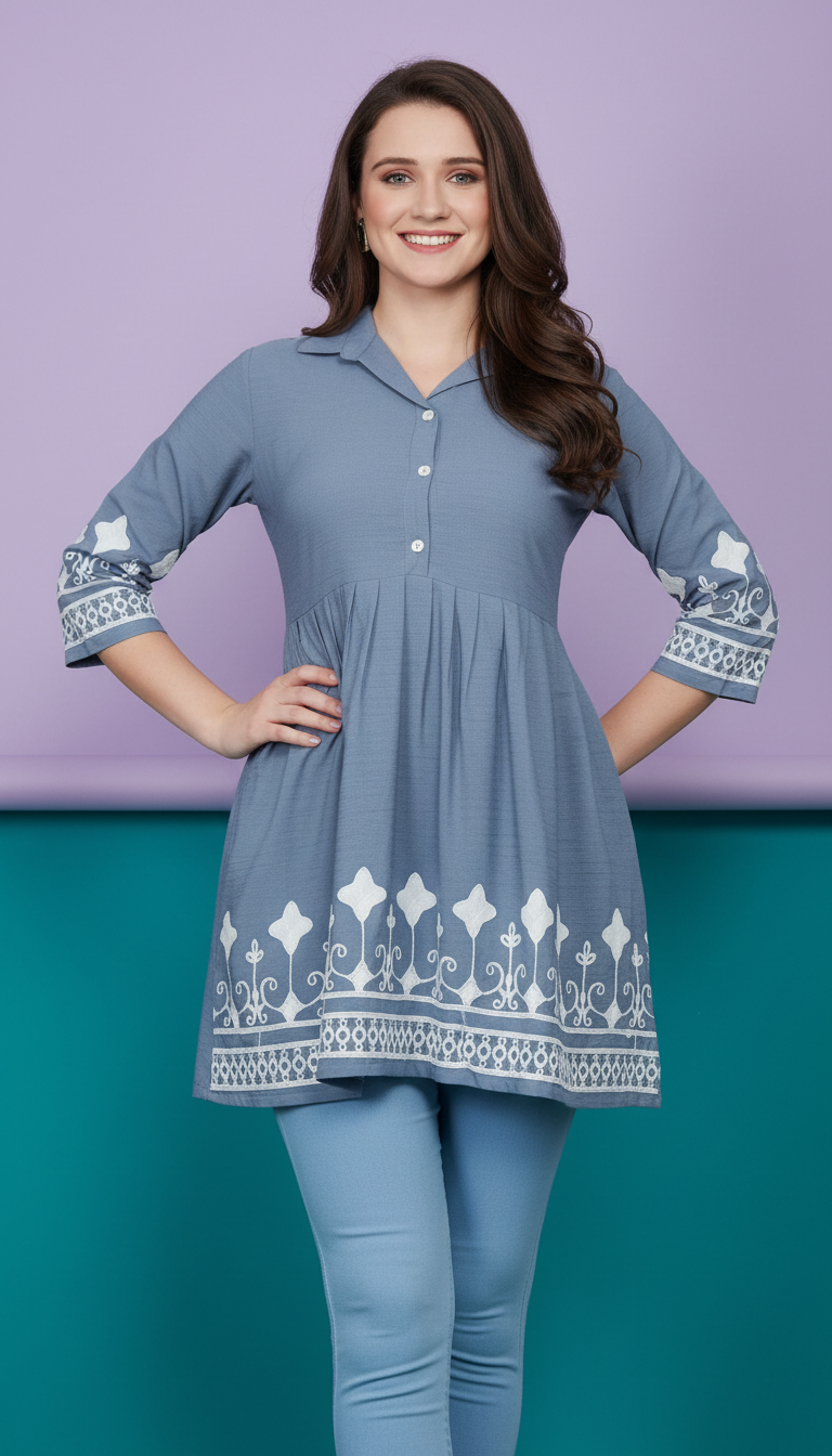 Embroidered Collared Peplum Kurti in Dusty Blue view 8