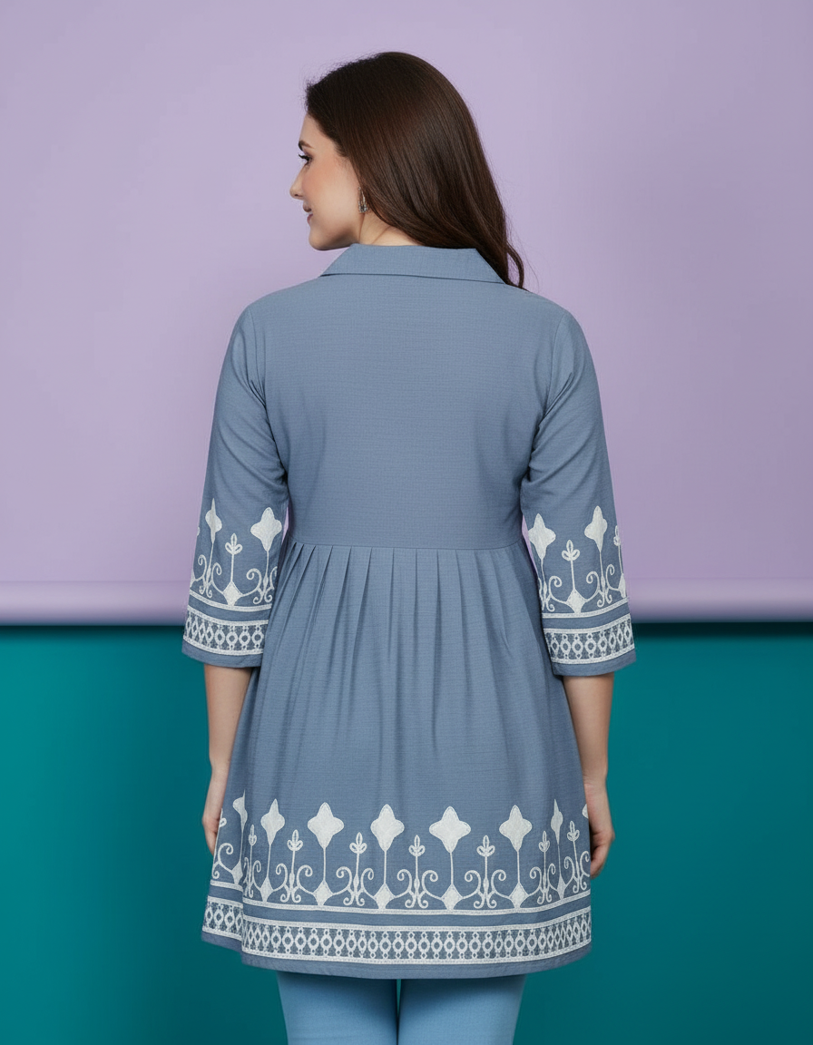 Embroidered Collared Peplum Kurti in Dusty Blue view 4