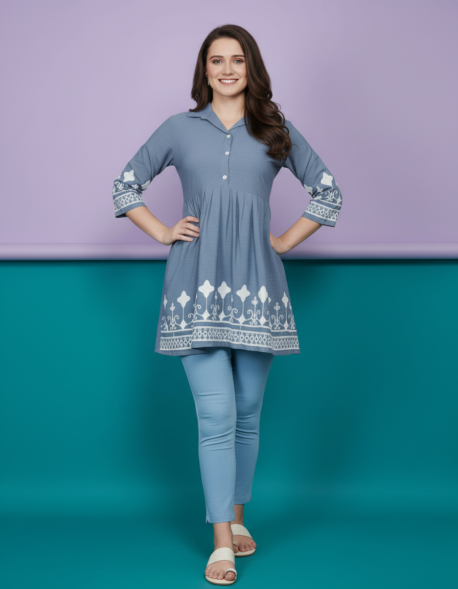 Embroidered Collared Peplum Kurti in Dusty Blue view 7