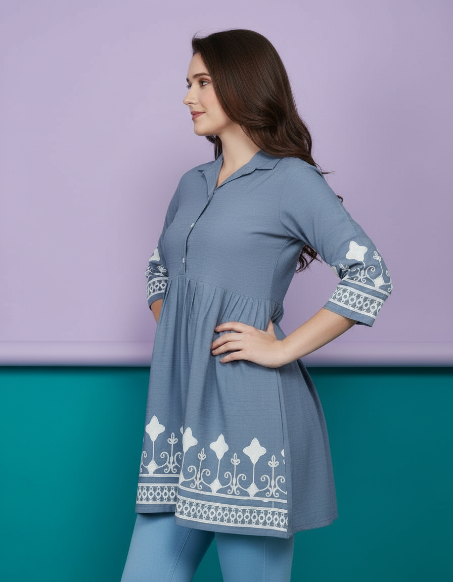 Embroidered Collared Peplum Kurti in Dusty Blue view 2