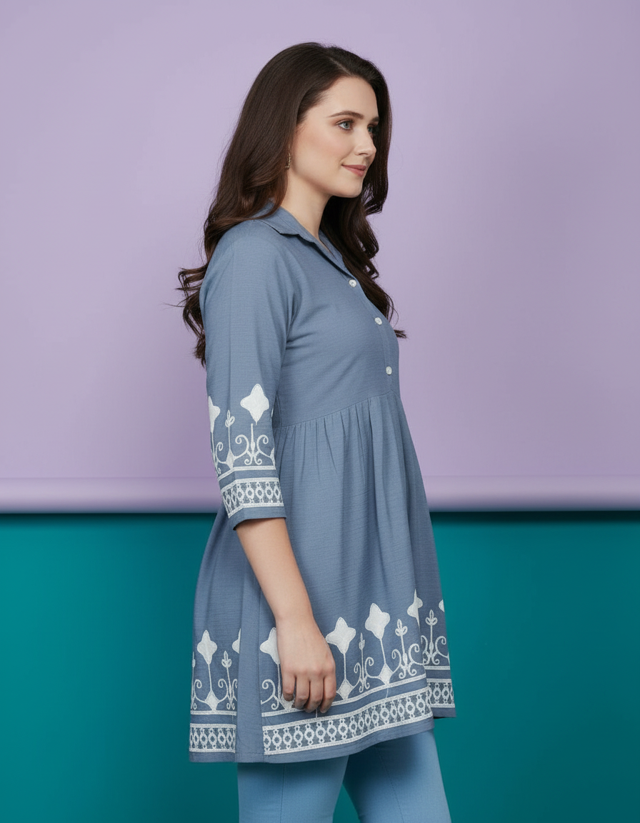 Embroidered Collared Peplum Kurti in Dusty Blue view 3