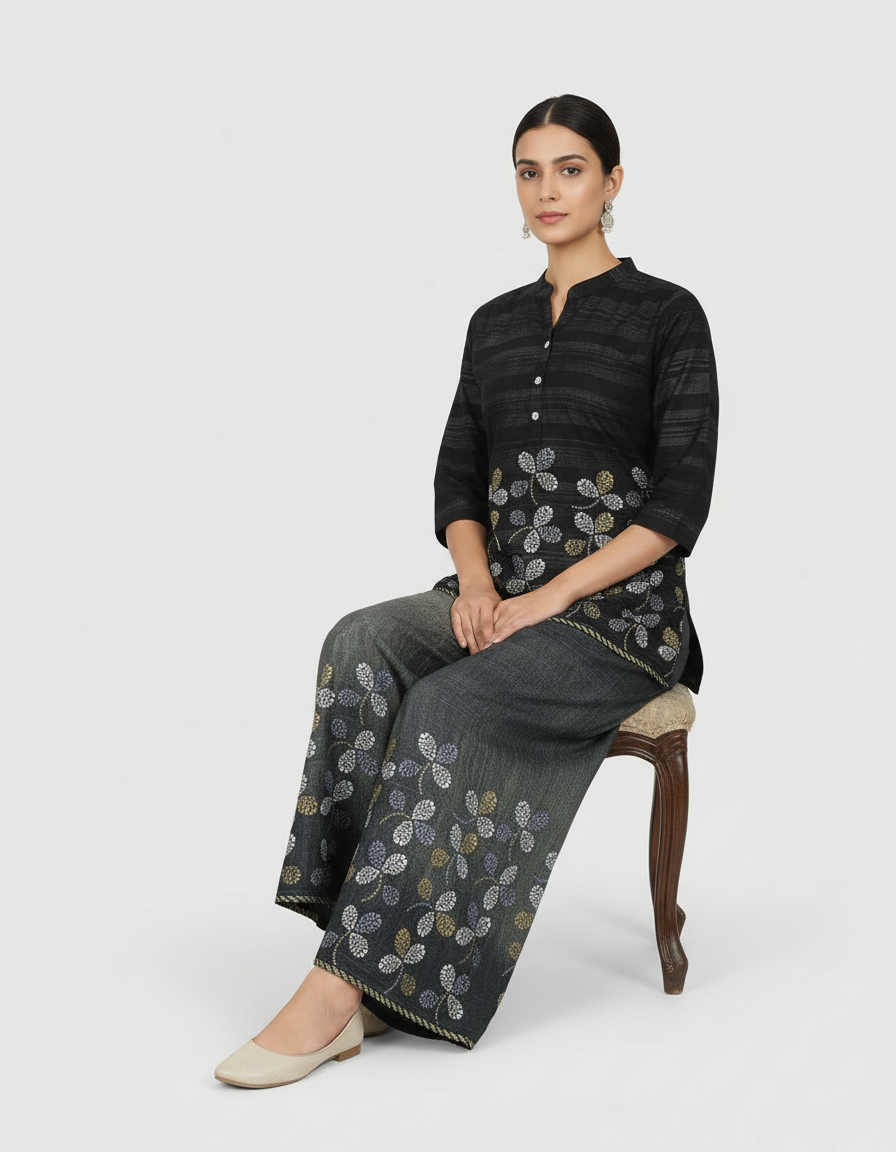 Contemporary Black Printed Kurti & Palazzo Set view 6
