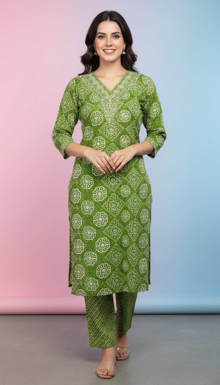 Embroidered Bandhani Print Kurta Set in Leaf Green view 8