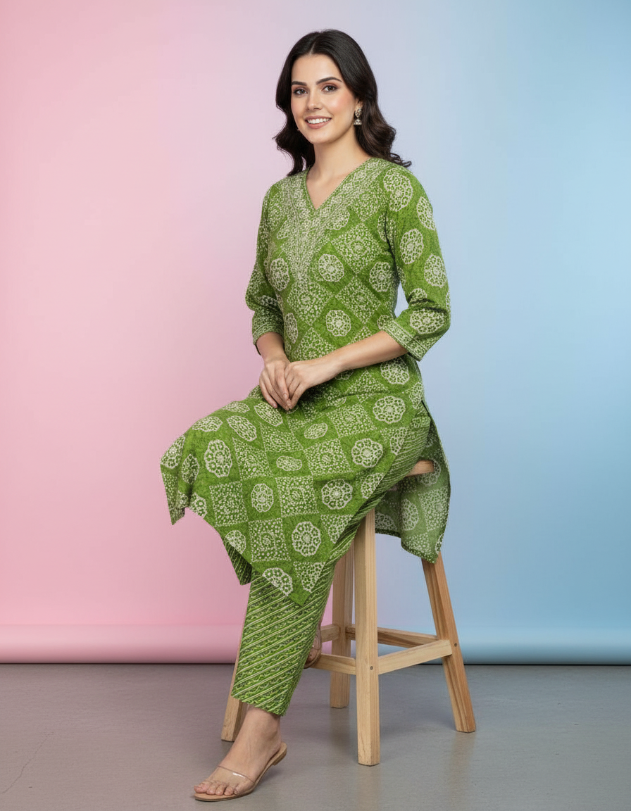 Embroidered Bandhani Print Kurta Set in Leaf Green view 6