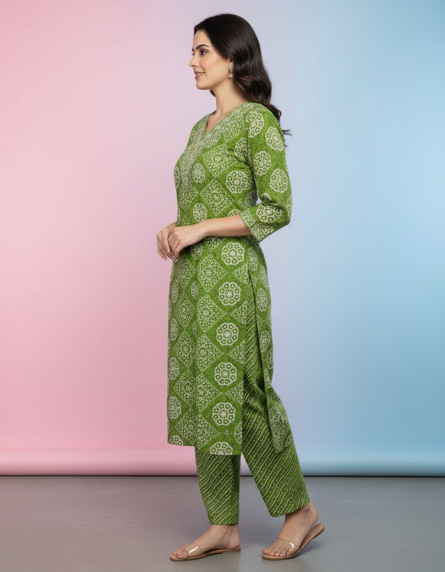 Embroidered Bandhani Print Kurta Set in Leaf Green view 2