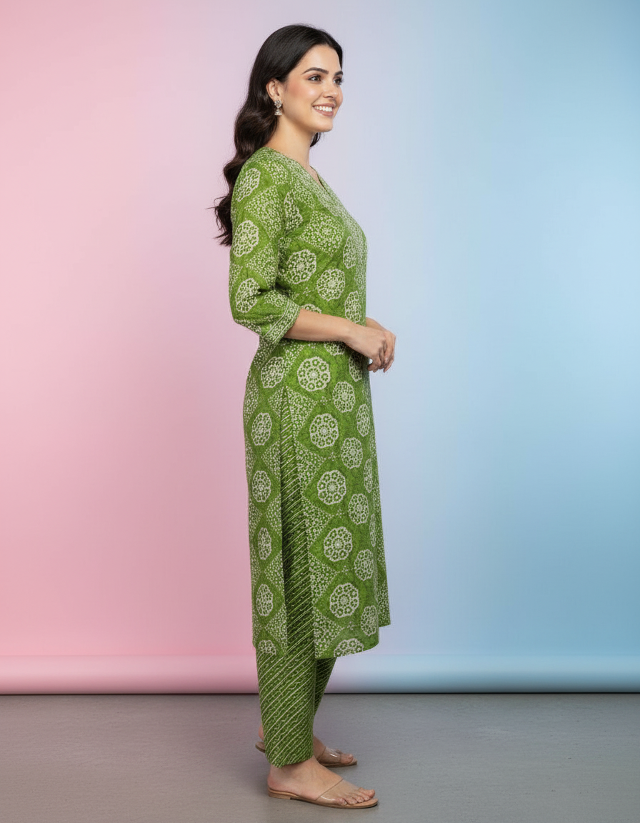 Embroidered Bandhani Print Kurta Set in Leaf Green view 3