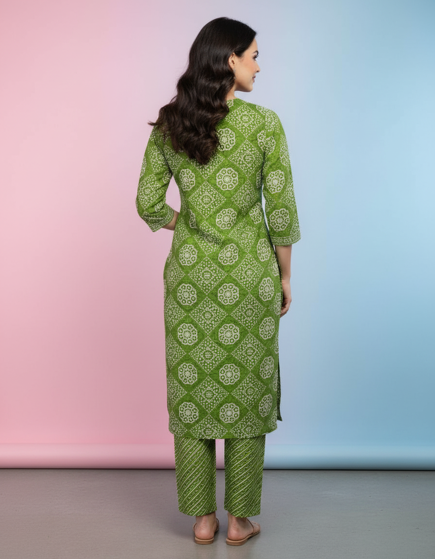 Embroidered Bandhani Print Kurta Set in Leaf Green view 4