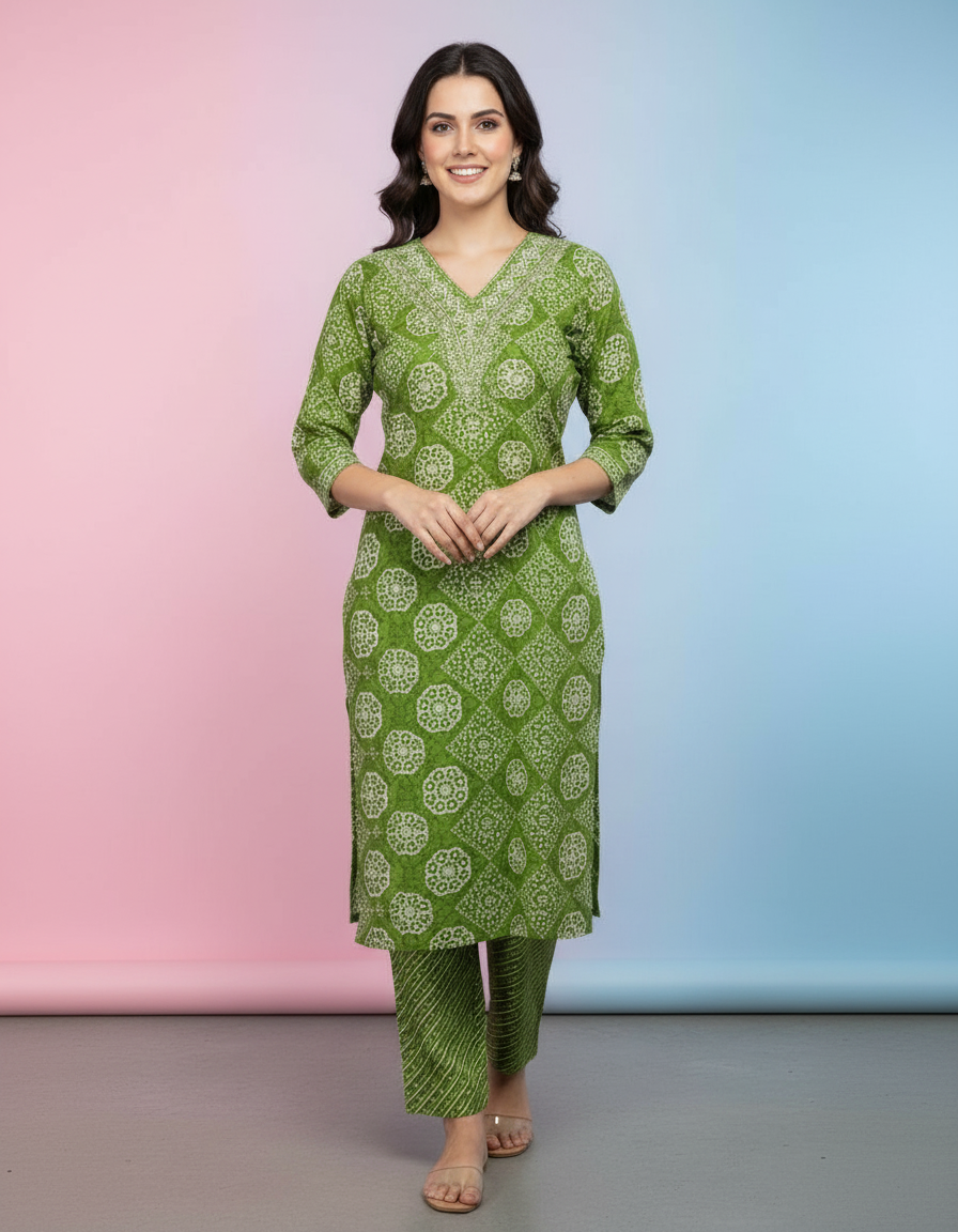 Embroidered Bandhani Print Kurta Set in Leaf Green view 7