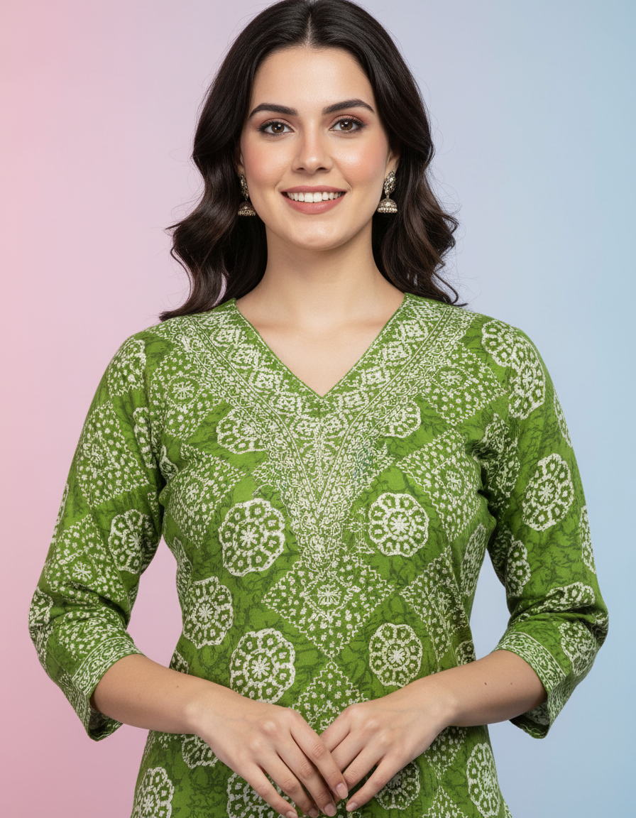 Embroidered Bandhani Print Kurta Set in Leaf Green view 5