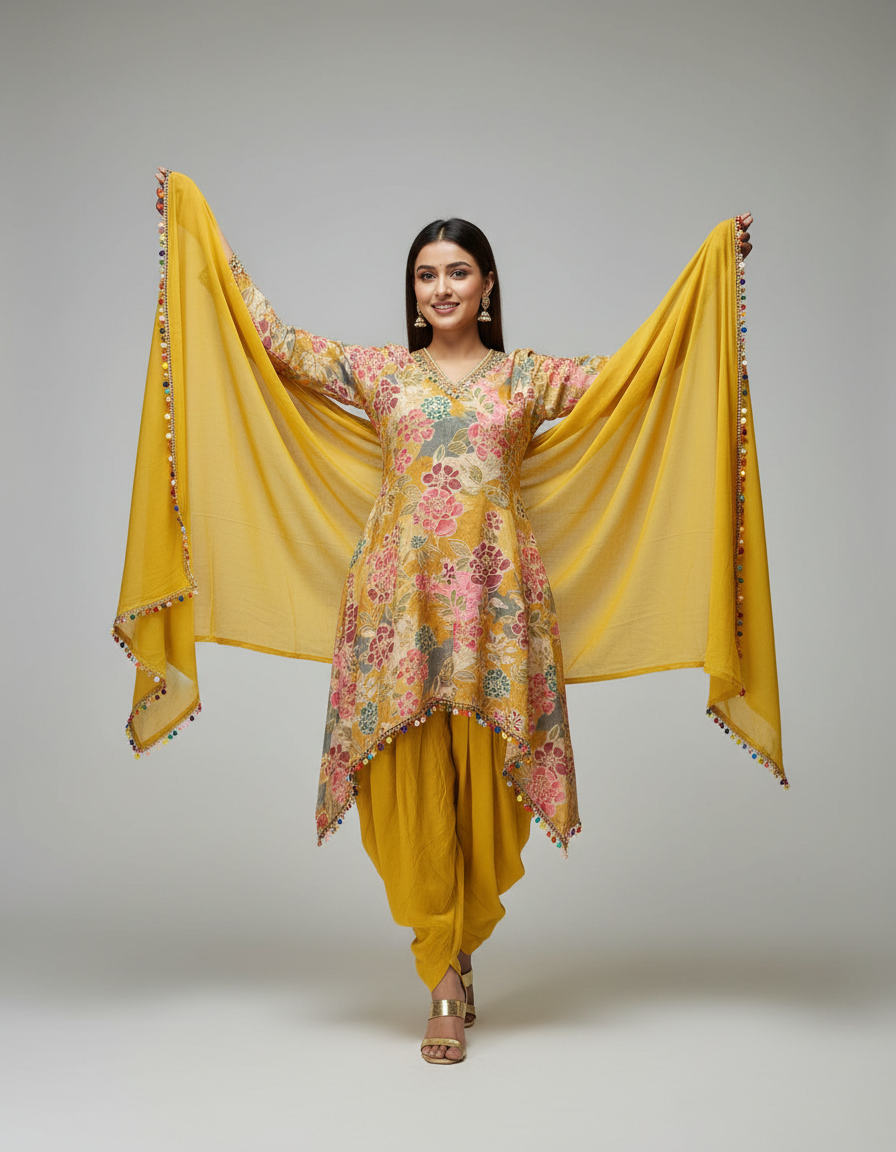 Floral High-Low Tunic & Dhoti Suit Set view 8