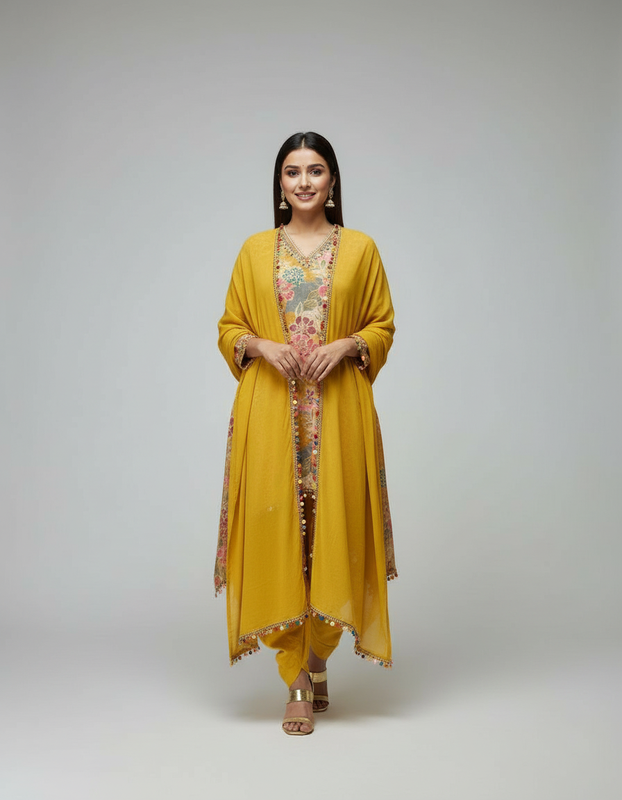 Floral High-Low Tunic & Dhoti Suit Set view 2