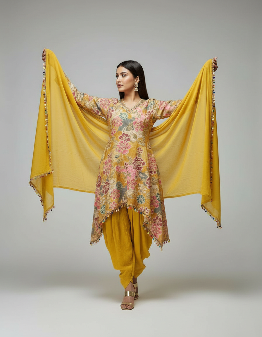 Floral High-Low Tunic & Dhoti Suit Set view 5