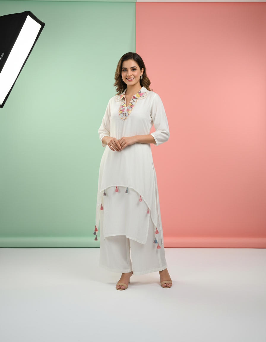 White Boho-Chic Kaftan Set with Vibrant Embroidery view 8