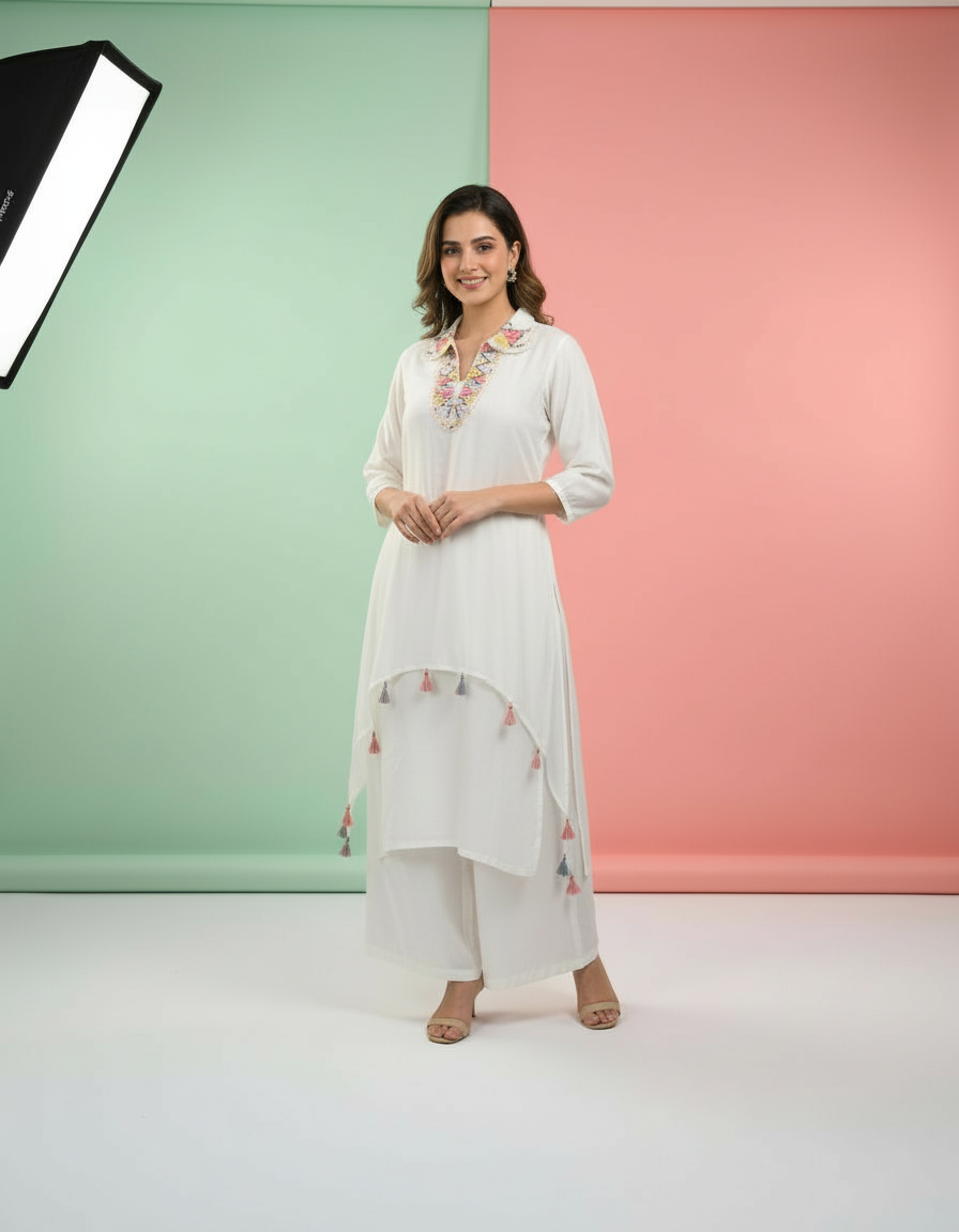 White Boho-Chic Kaftan Set with Vibrant Embroidery view 5