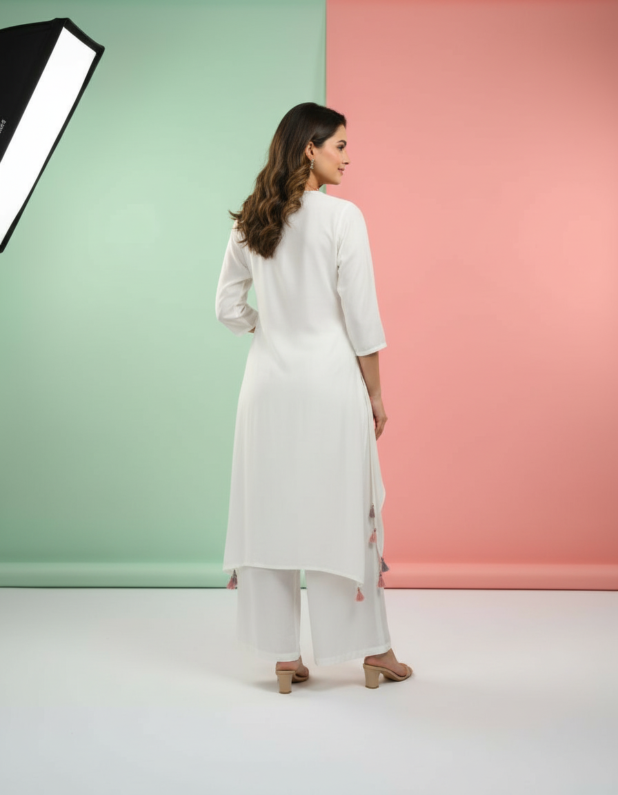 White Boho-Chic Kaftan Set with Vibrant Embroidery view 3