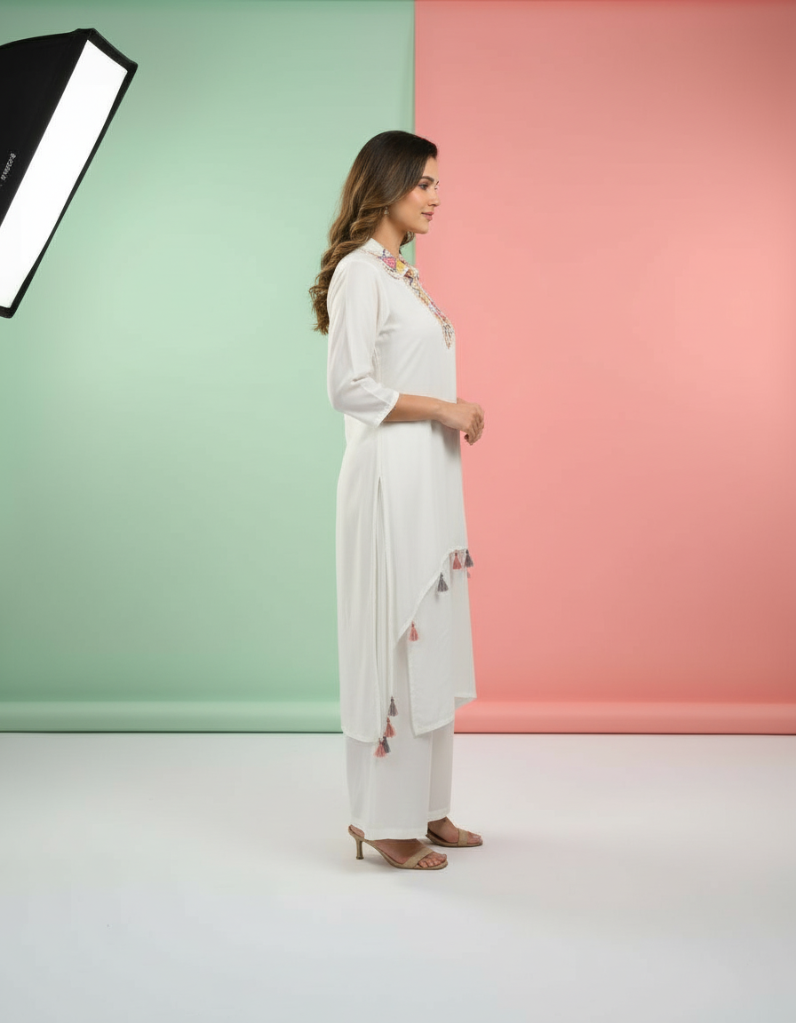 White Boho-Chic Kaftan Set with Vibrant Embroidery view 4