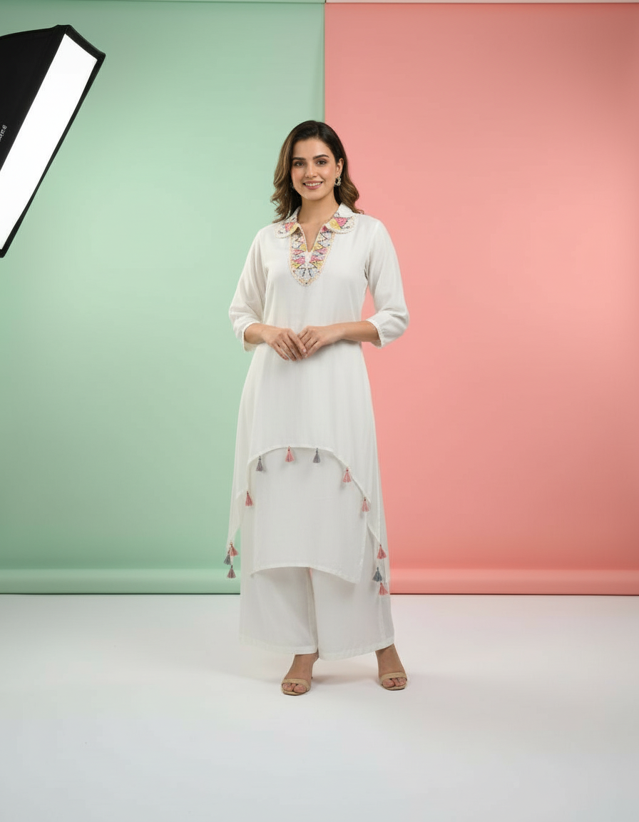 White Boho-Chic Kaftan Set with Vibrant Embroidery