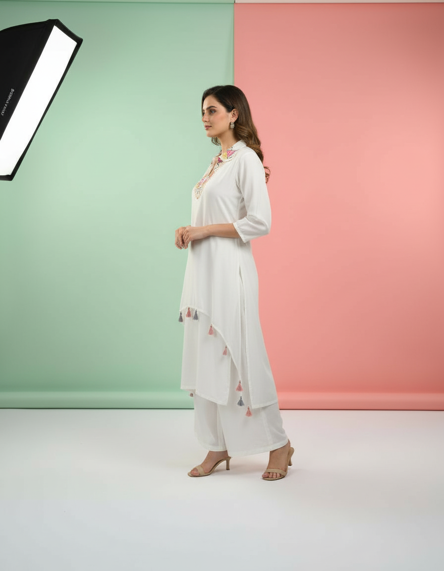White Boho-Chic Kaftan Set with Vibrant Embroidery view 2