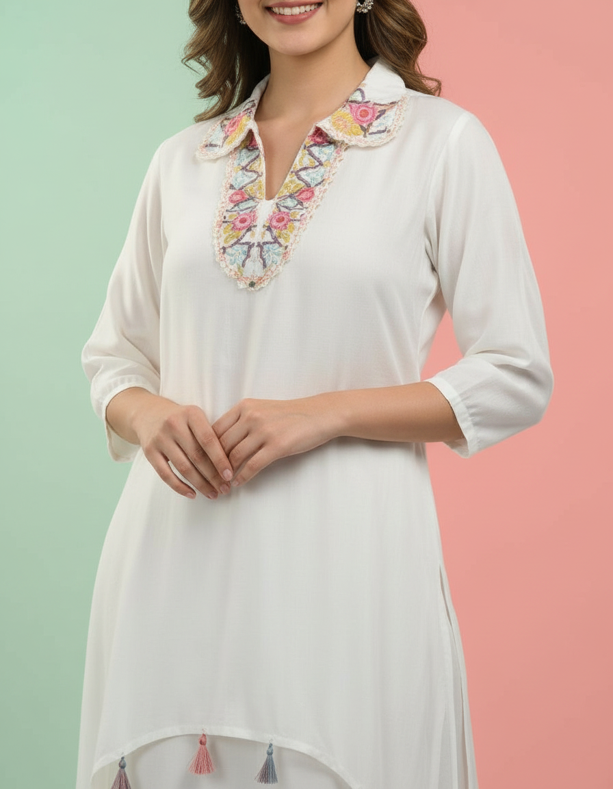 White Boho-Chic Kaftan Set with Vibrant Embroidery view 6
