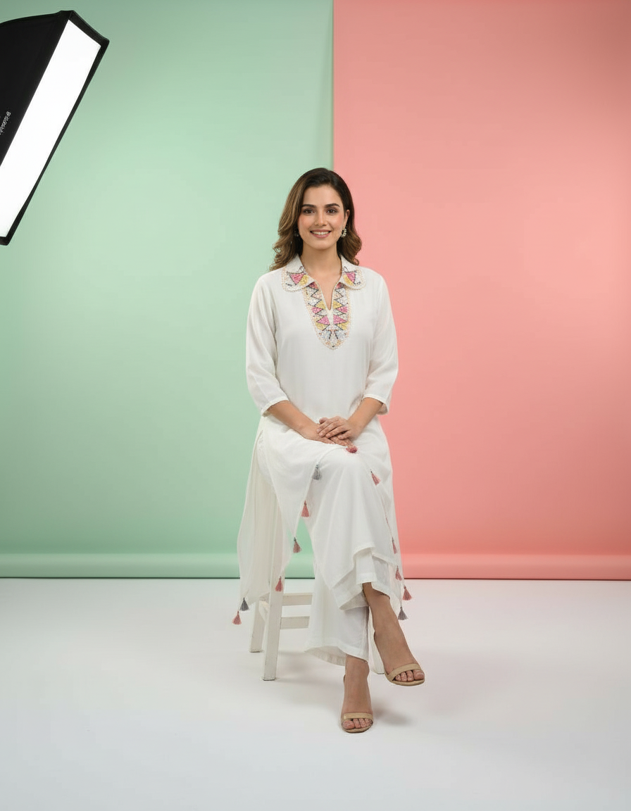 White Boho-Chic Kaftan Set with Vibrant Embroidery view 7