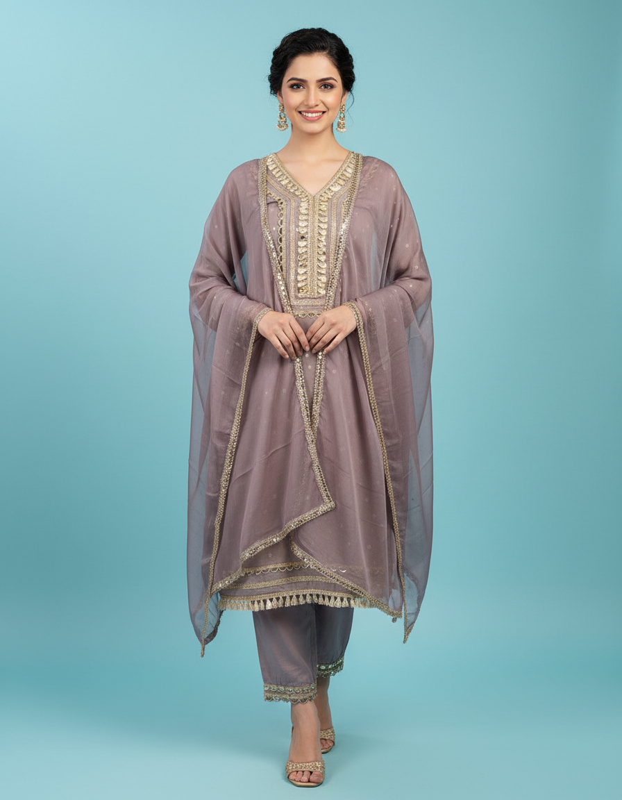 Champagne Shell & Mirror-Work Artisan Suit Set view 8