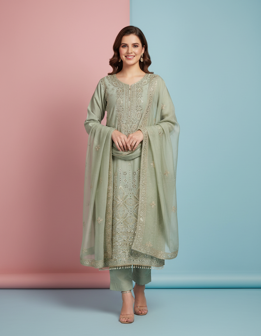 Intricately Embroidered Organza Suit Set view 8