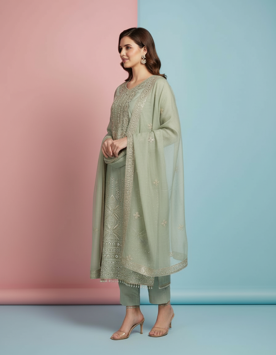 Intricately Embroidered Organza Suit Set view 2