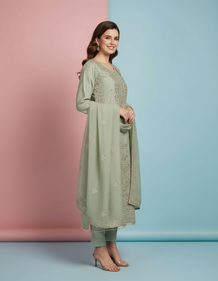 Intricately Embroidered Organza Suit Set view 4