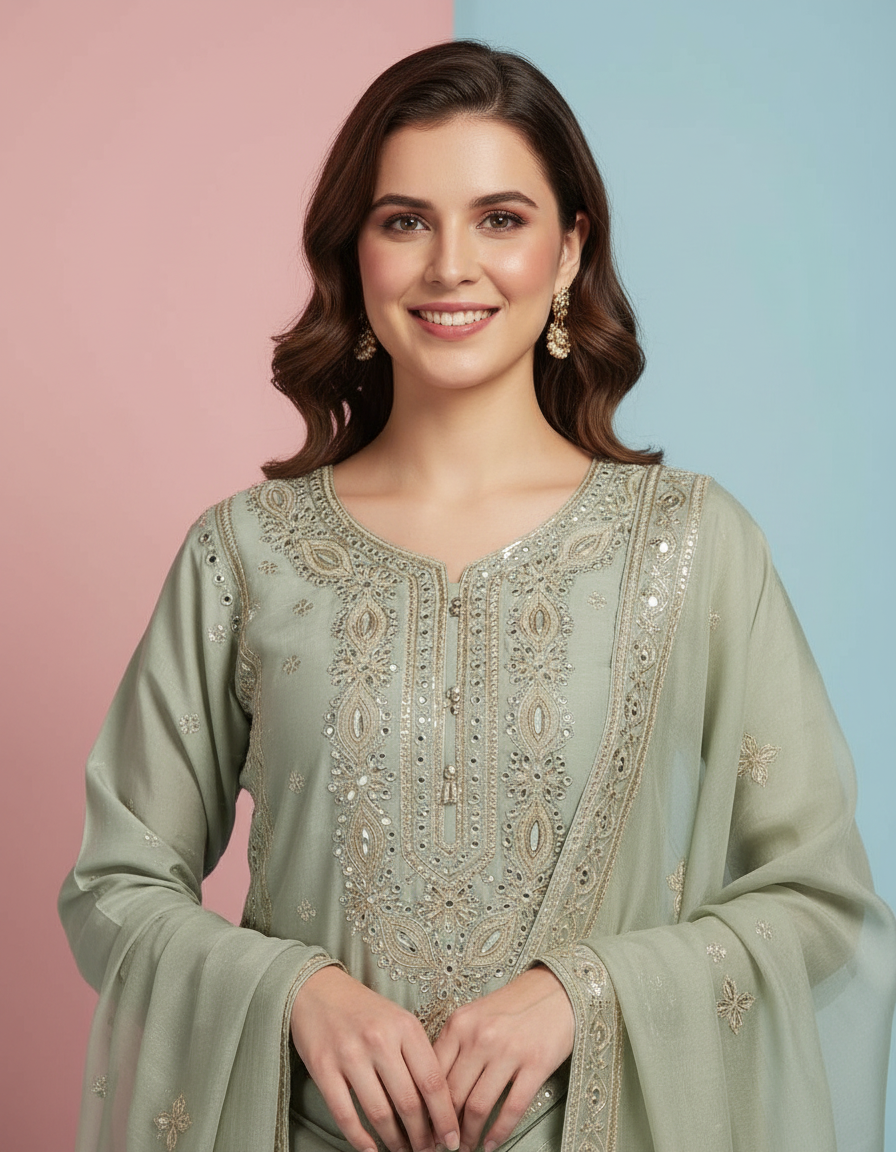 Intricately Embroidered Organza Suit Set view 6