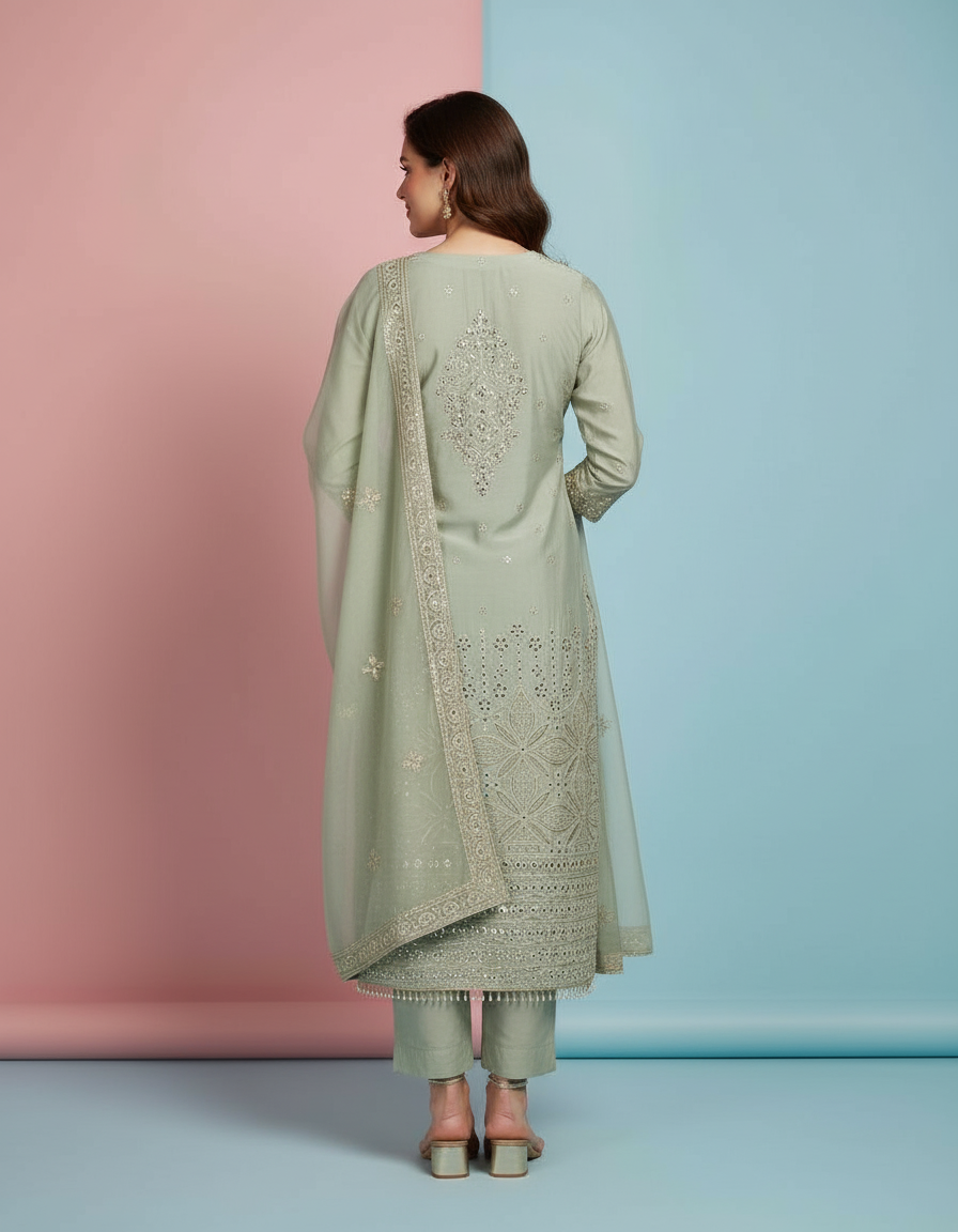 Intricately Embroidered Organza Suit Set view 3