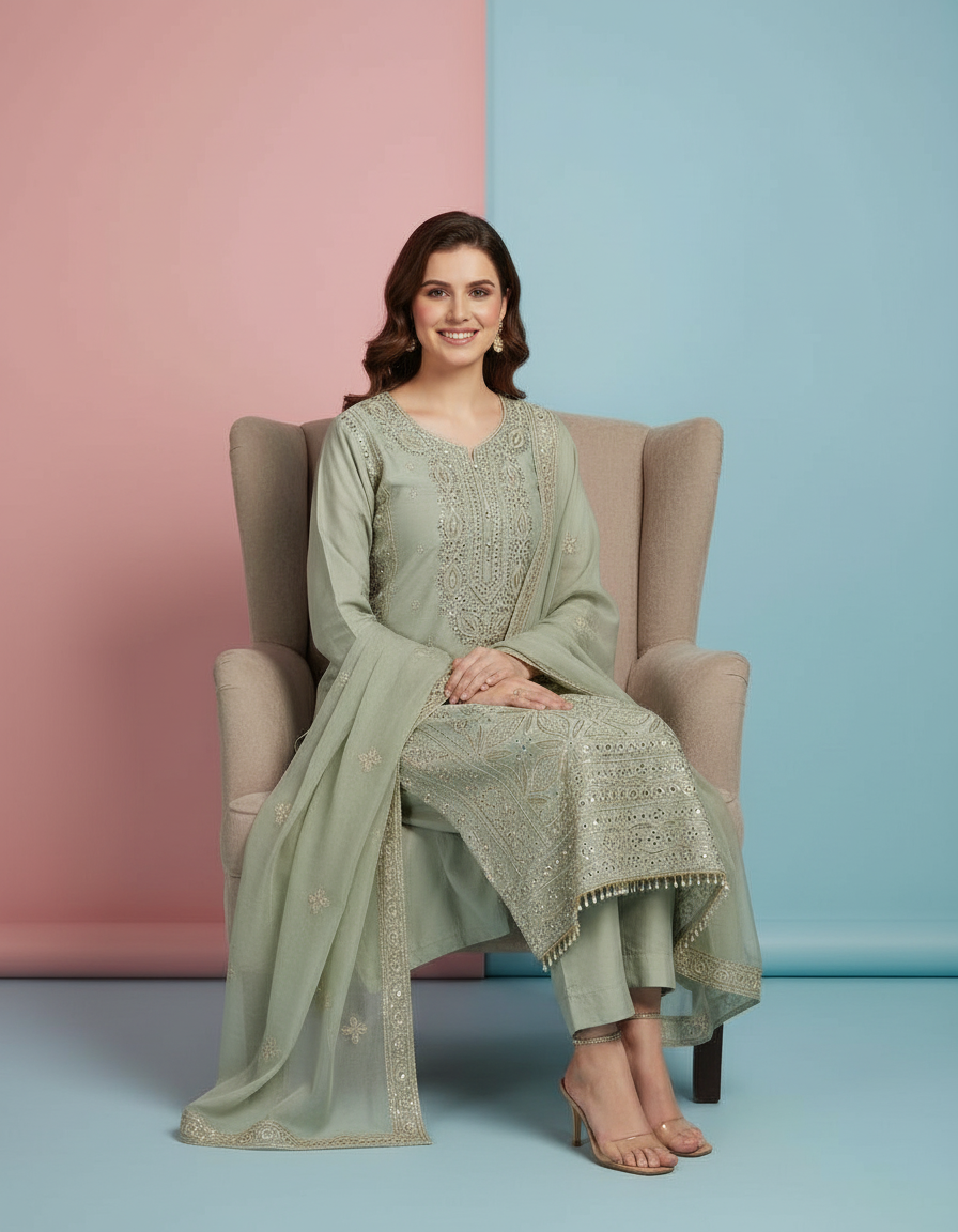 Intricately Embroidered Organza Suit Set view 7