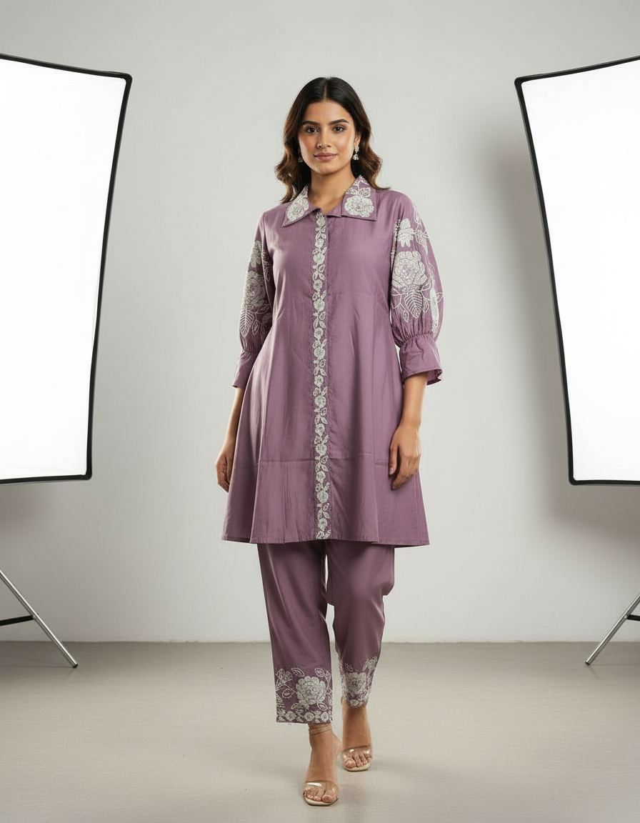 Lavender Flora Embroidered Tunic & Trouser Set